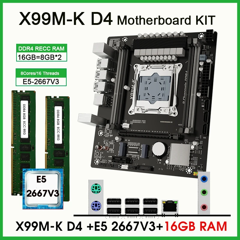 KIT de juego de placa base X99 M-K con CPU Xeon E5 2667 V3 y 16GB (2*8GB) DDR4 2133MHZ REG الذاكرة الكاملة placa mae X99 Kit