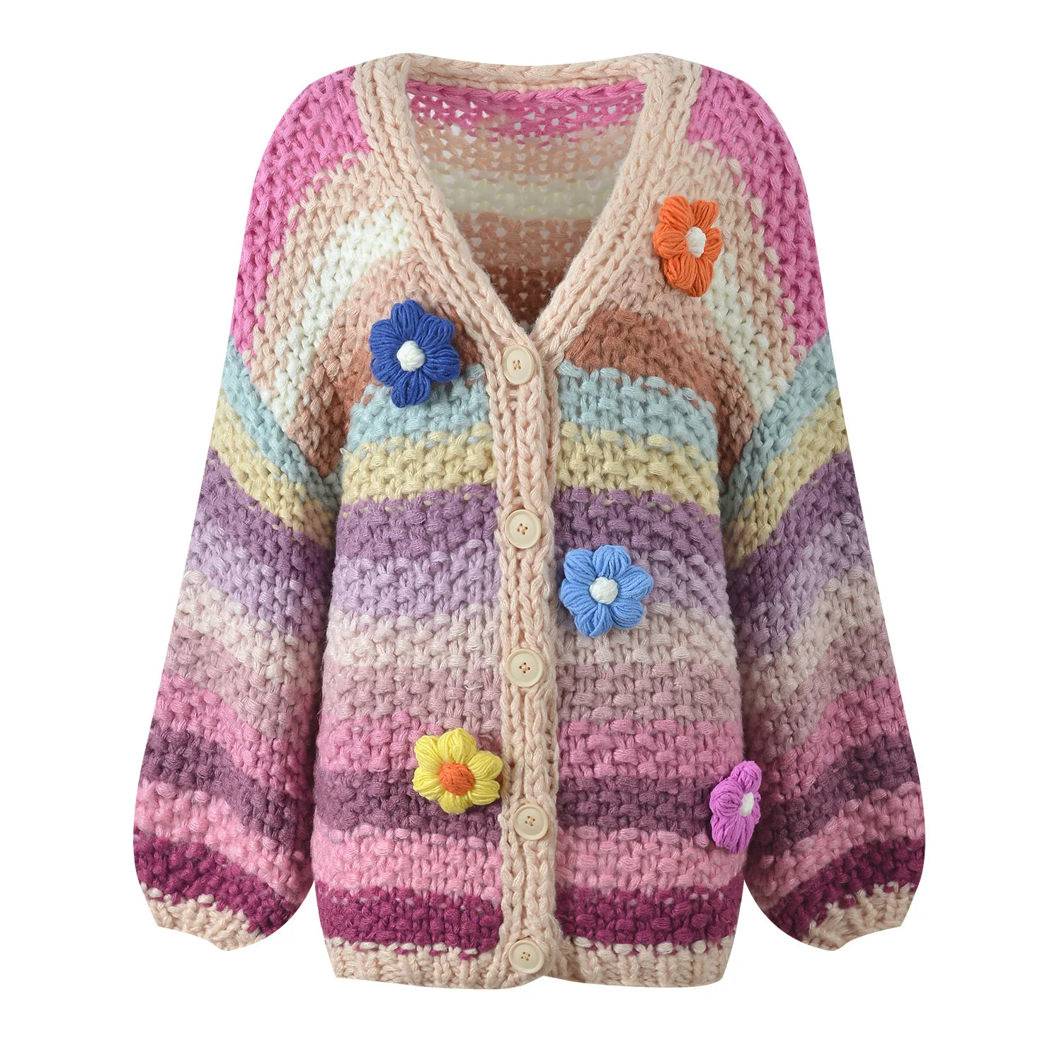 

High-End Version European Sle Chunky Knit Sweater Coat Loose V-Ne Knitted Open Cardigan Stripe Floral Pattern