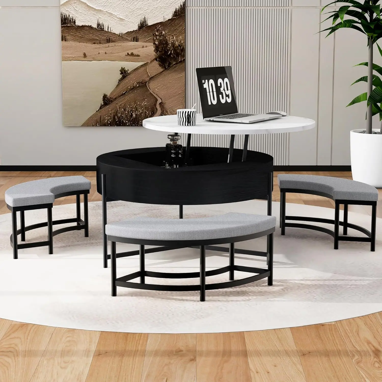 

Modern Round Lift-Top Coffee Table with Storage and 3 Ottoman, White + Black