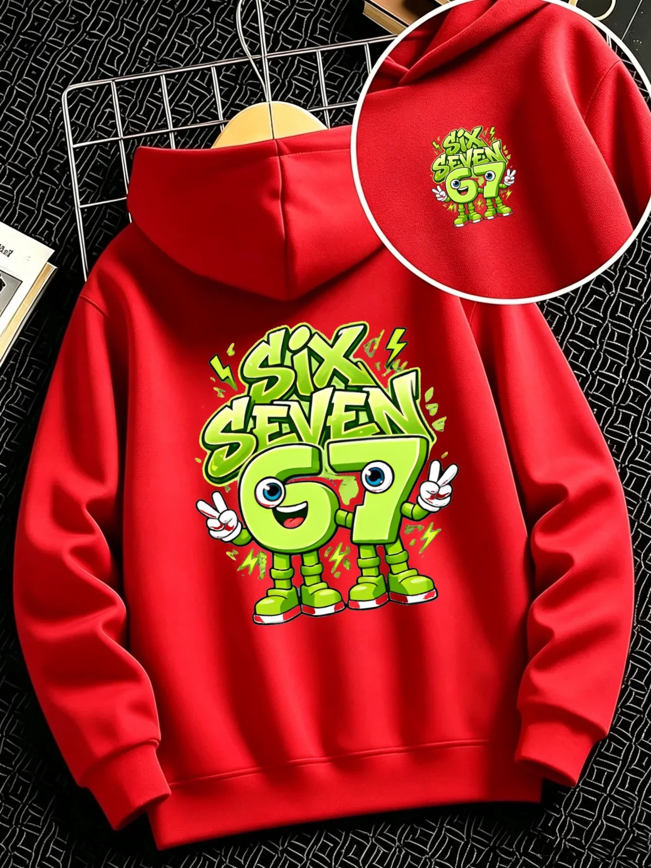 Kids Cartoon Monster Number 67 Graphic Printed Hoodie Boys Girls Green Letter Sweatshirt Loose Hooded Jumper Autumn Clothes