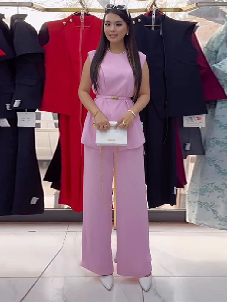 Fashion Solid Casual Hosen Zwei Stück Set Frühling Frauen Ärmelloses Rundhals Top + Hohe Taille Gerade Breite Bein Hosen sommer Outfit