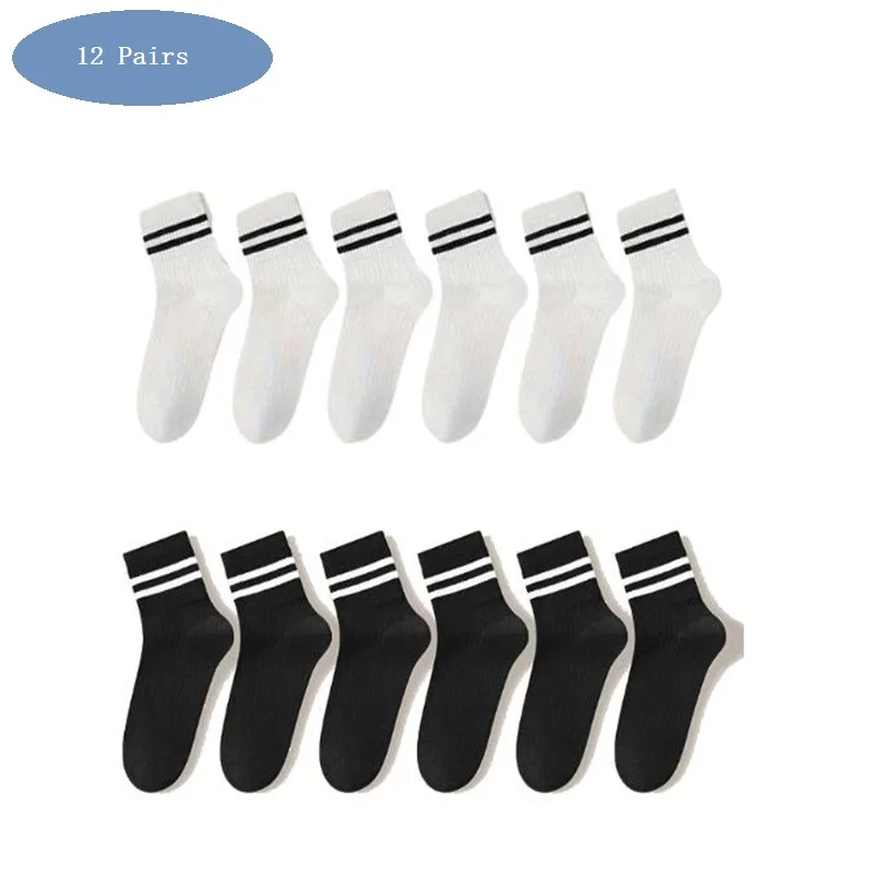 1/6/12 Pairs الرجال النساء الجوارب عالية الجودة بسيطة عادية أسود أبيض جوارب مخططة تنفس منتصف أنبوب جورب كرة السلة سباق جورب