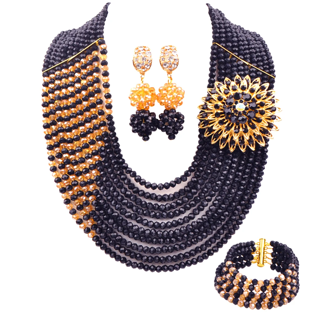 Laanc Black Champange Gold AB Nigerian Bride Wedding Jewelry Set Crystal Bead African Necklace