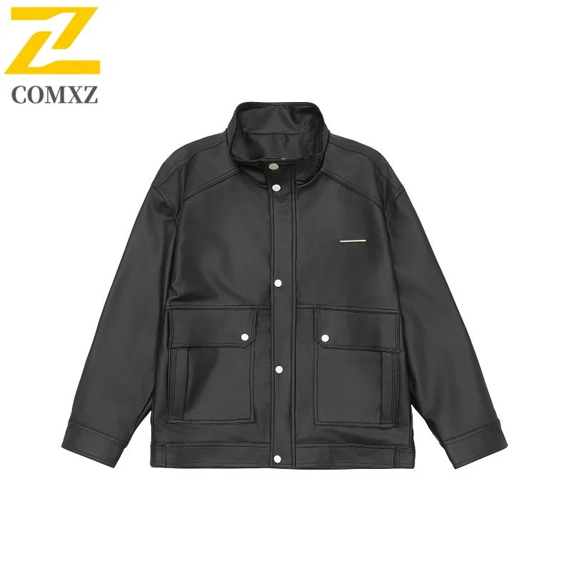

COMXZ куртка мужская из искусственной кожи винтажная рабочая одежда с капюшоном и несколькими карманами байкерское пальто водонепроницаемое ветрозащитное для пеших прогулок, рыбалки, кемпинга