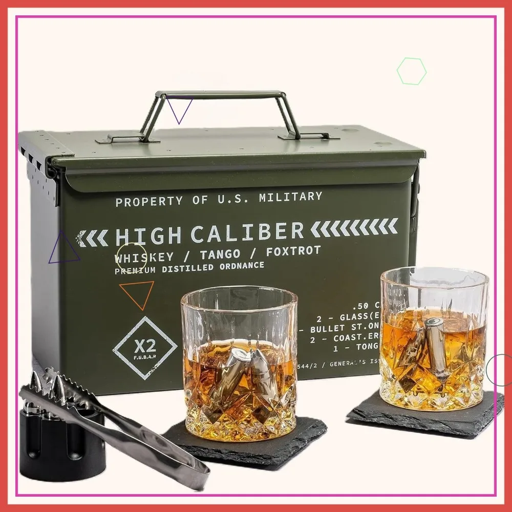 

Tactical Whiskey Glass Set with Stones, Coasters & Tongs in Military Box - Perfect Gift for Men