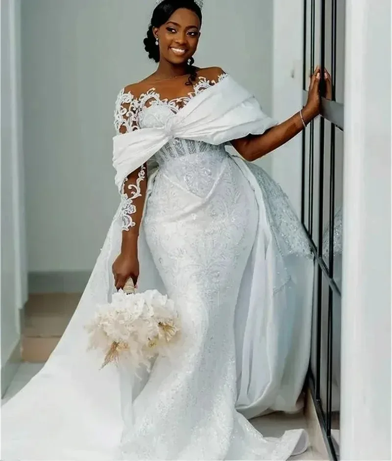 Customized New Shinny Appliques Bead Wedding Dress For Bride Robe De Mariée Long Sleeves Bridal Gown with Removable Skirt