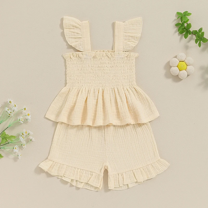 Little Girls Ruffles Shorts Set Flutter Sleeve Smocked Silhouette Camisole Tops Elastic Waistband Shorts Outfits