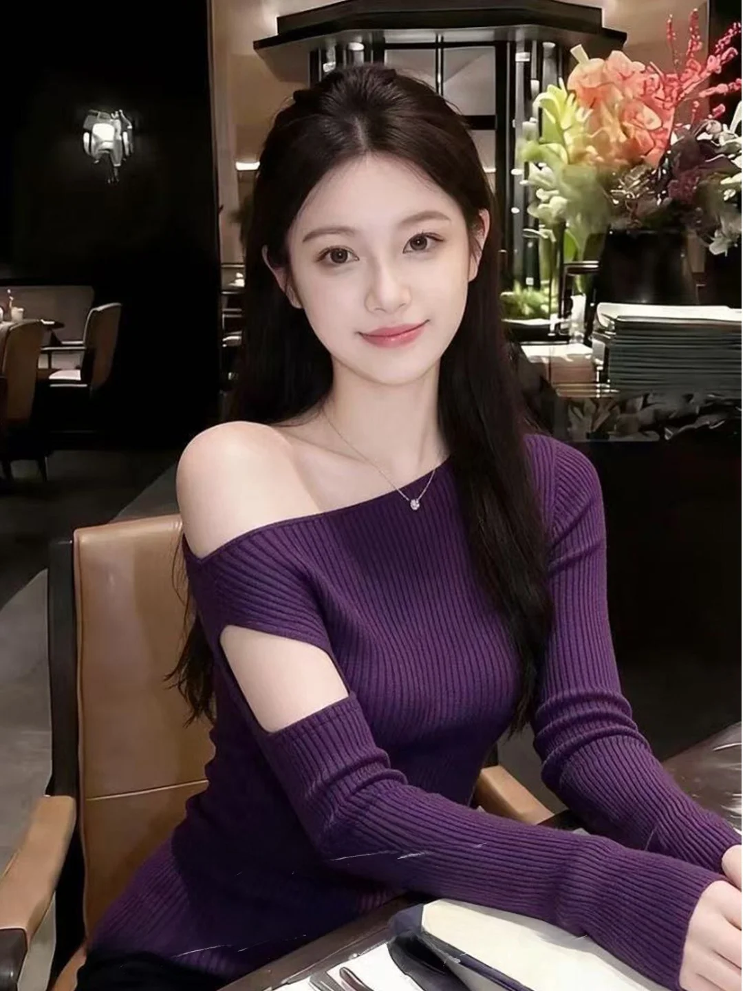 Purple Shoulder Bared Knitted Sweater Women's Slim Fit Long Sleeve Autumn Winter New Style Princess Style Soft Polyester Fiber