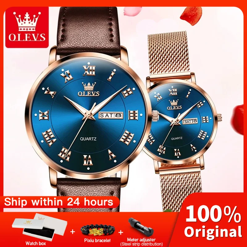 Olevs 2920 casal relógios de luxo original marca moda à prova dwaterproof água luminosa relógio quartzo duplo calendário design para data esporte