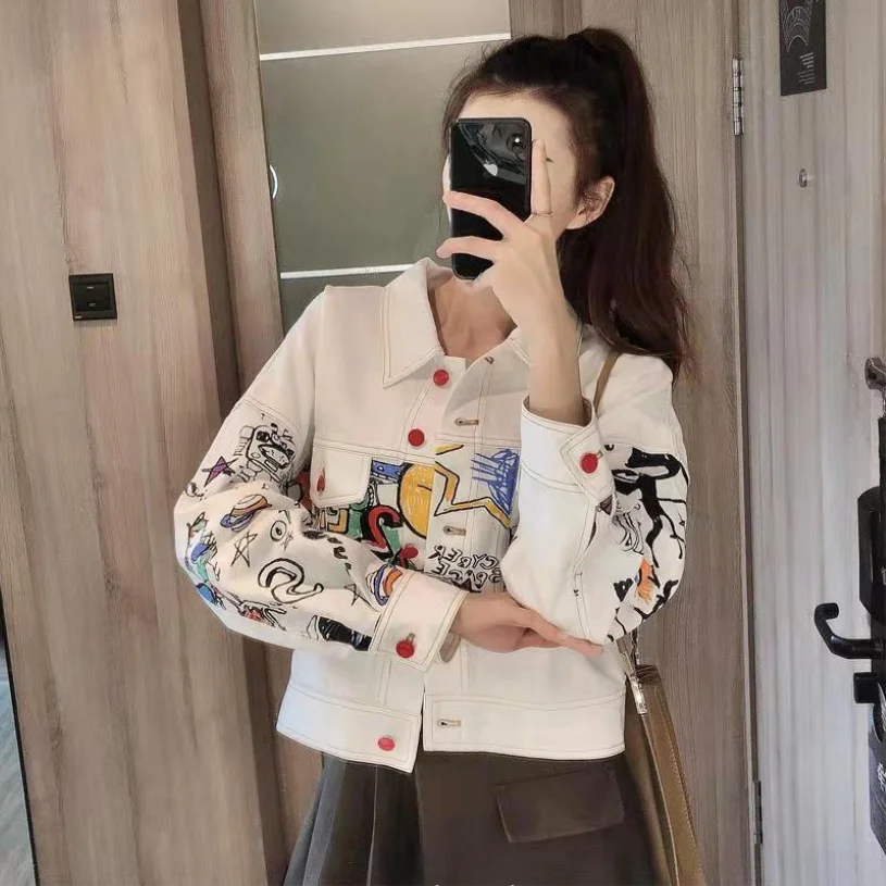 White Short Printed Denim Jacket For Women 2025 Spring Versatile Loose Korean Style Thin Fashion Jeans Jacket Femme w1145