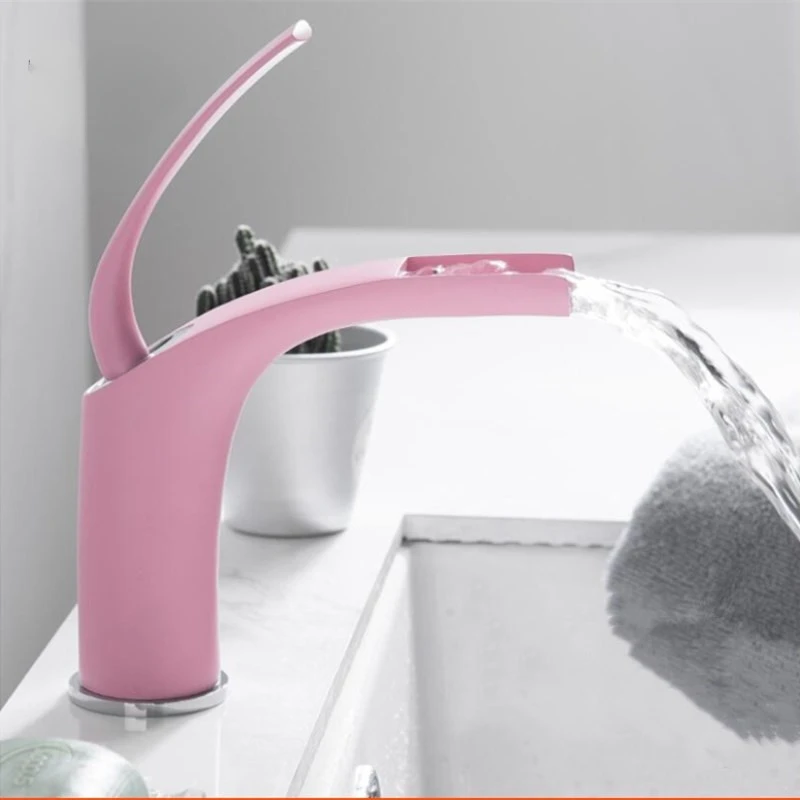 Bathroom Basin Faucet Pink Baking Solid Brass Faucet Sink Mixer Tap Hot and Cold Waterfall Basin Faucet Free Shipping