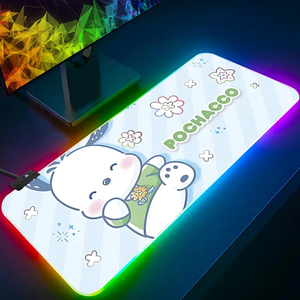 Cute cartoon Pochacco RGB Pc Gamer Keyboard Mouse Pad Mousepad LED Glowing Mouse Mats Rubber Gaming Computer Mausepad