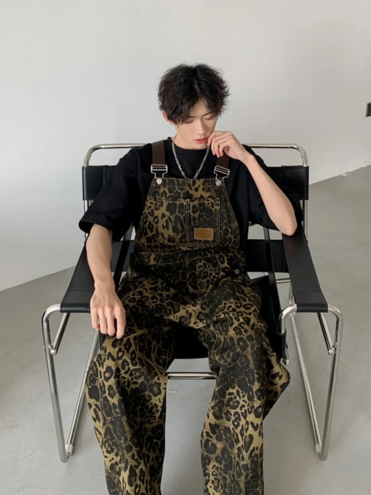 

American Retro Leopard Print Overalls Loose Jeans Wide Leg Men's Summer Design Sensation Workwear Floor-Length Pants