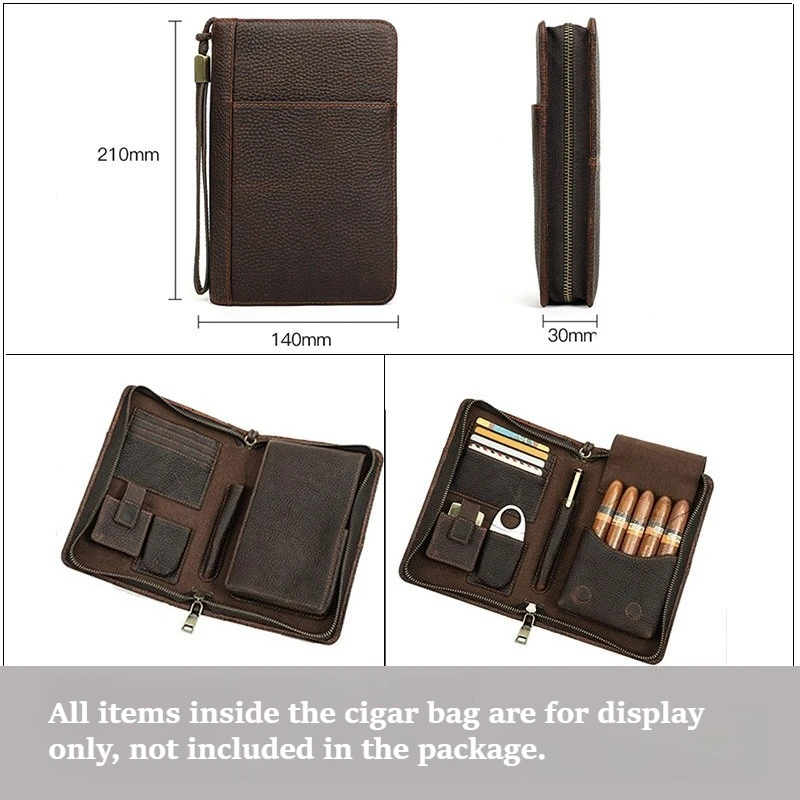 

Crazy Horse Leather Cigar Case 5 Pack Portable Travel Cigar Pouch Wrist Strap Zipper Genuine Leather Multifunctional Storage Bag