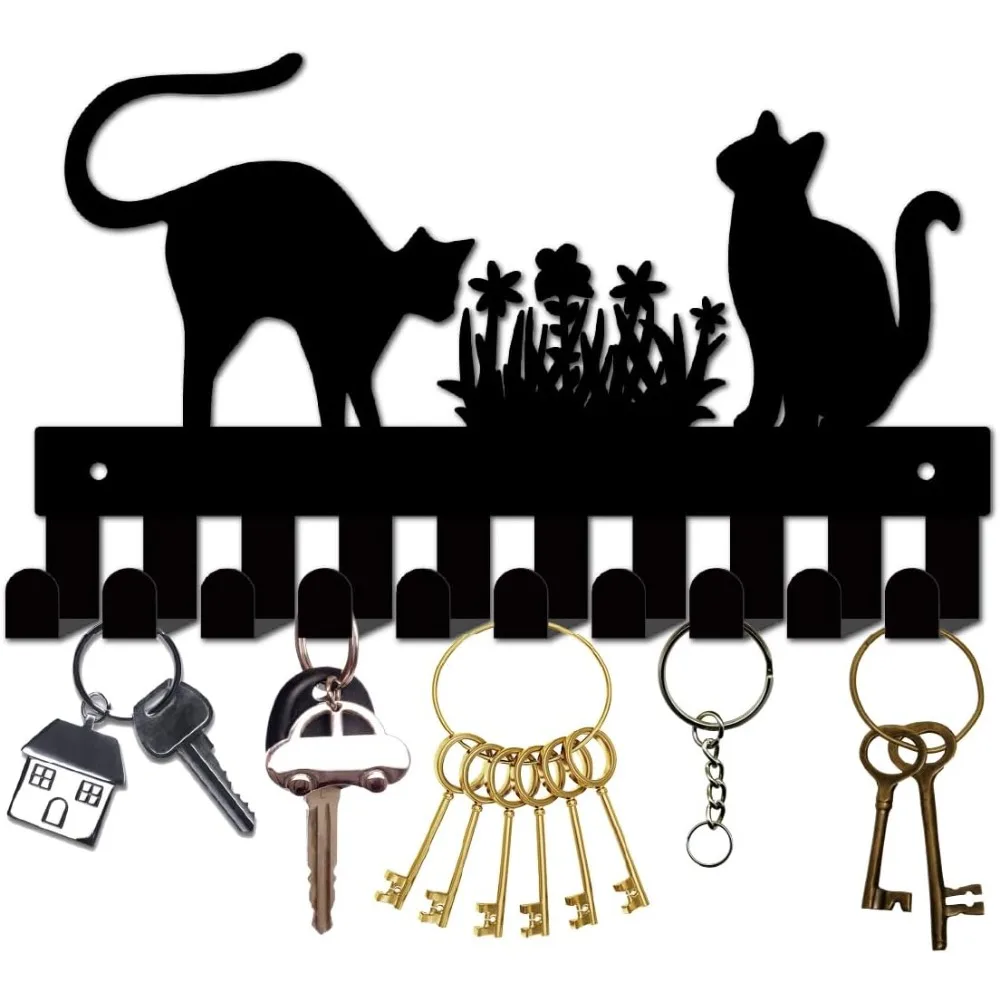Schlüsselhalter für schwarze Katzen zur Wandmontage, Schlüsselhalter, Haken, Metall-Schlüsselgarderobe, Kleiderbügel mit 10 Haken, Schlüssel-Organizer, Wandregal