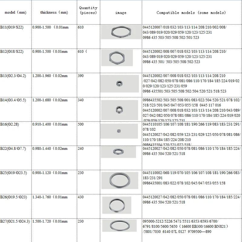 B11 B12 B13 B14 B16 B21  B22 B23 B24 B25 B26 B27 B31 B42 Common Rail Injector Adjusting Shims Gasket Washer