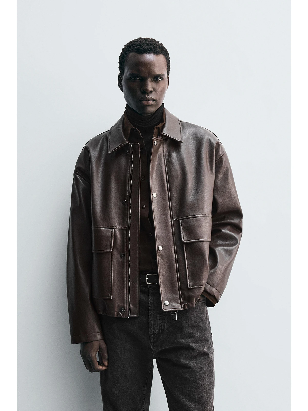 

Loose Leather Effect Jaet for Men New Arrival Autumn Season Casual Wear Polyester Fiber Long Sve Zipper Closure Color