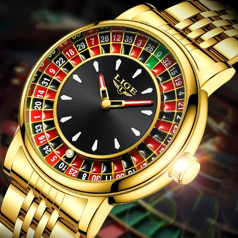 

LIGE Creative Golden Mens Watches Roulette Game Dial Fashion Man Watch Waterproof Luminous Quartz Wristwatches Rolling Ball+Box