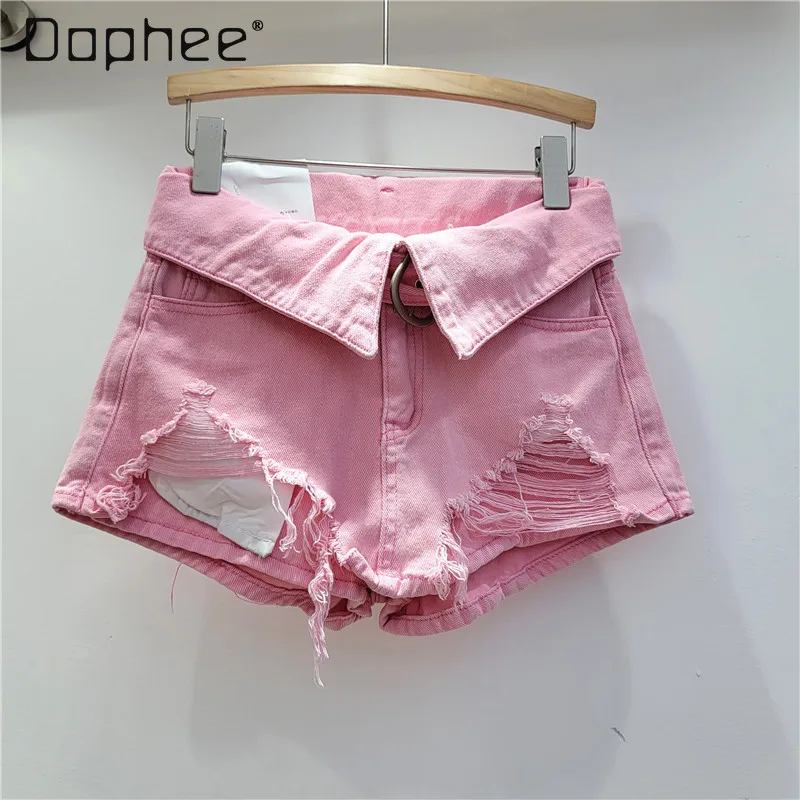 

Ripped Denim Mini Skirt Lapel Summer High Waist A-line Jeans Short Skirt Slim Fitting Korean Street Casual Fashion Hot Girl