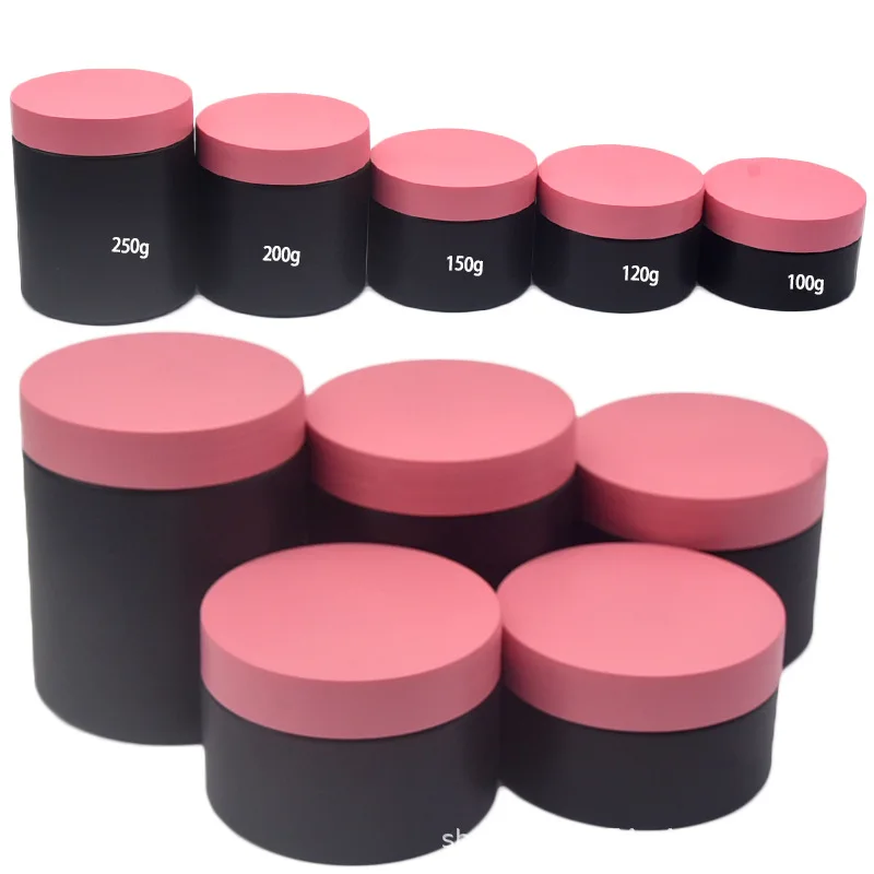 22Pcs Matte Black Cream Pots Pink Lid 100ml 120ml 150ml 200ml 250ml Wide Mouth Bottle Empty Plastic Jars Container For Cosmetics