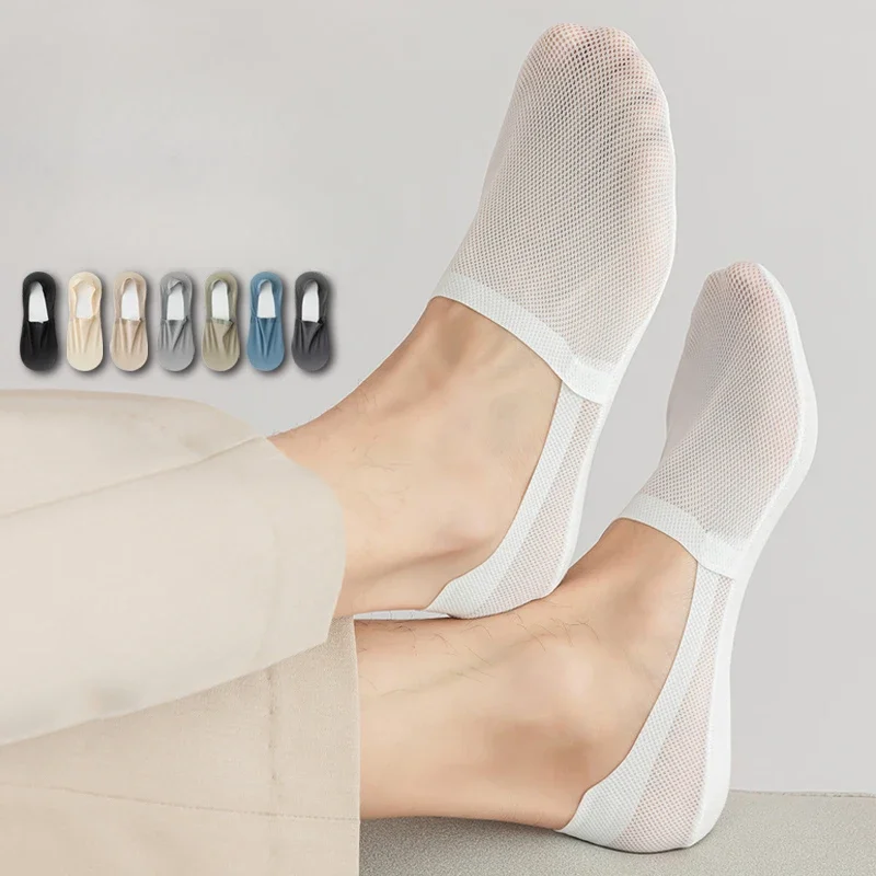 

Summer Low Cut Boat Socks Hollow Out Mesh Breathable Ice Silk Sock Slippers Men Male Silicone Non-slip Invisible No Show Socks