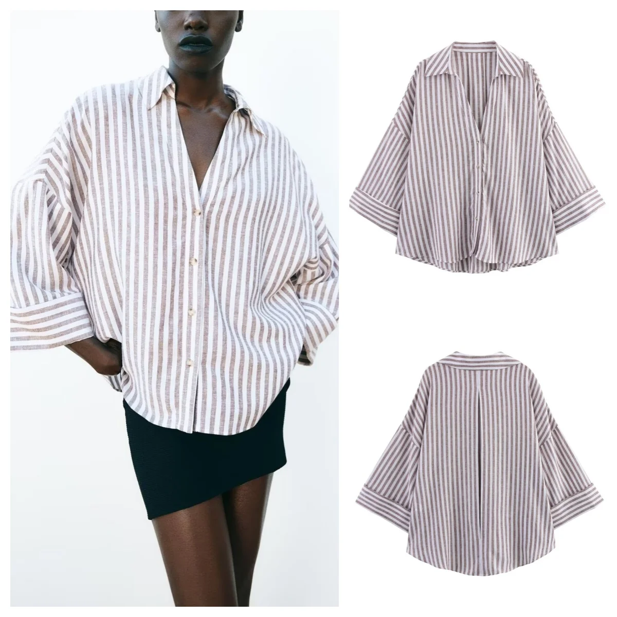 

European and American style spring and summer new V-neck loose casual linen blended long-sleeved striped shirt