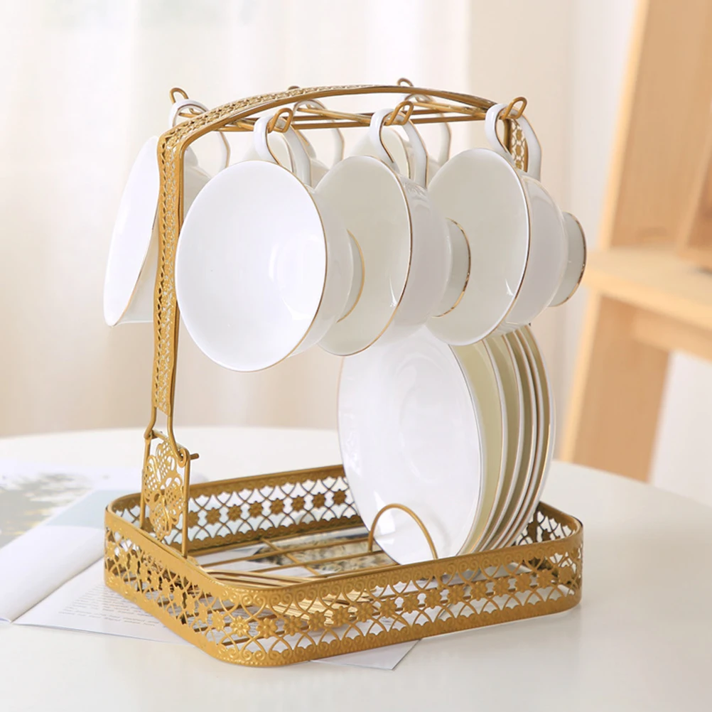 

6 Hooks Wrought Iron Mug Holder Square Golden European Design with Wire Basket for Kitchen Storage and Jewelry Display