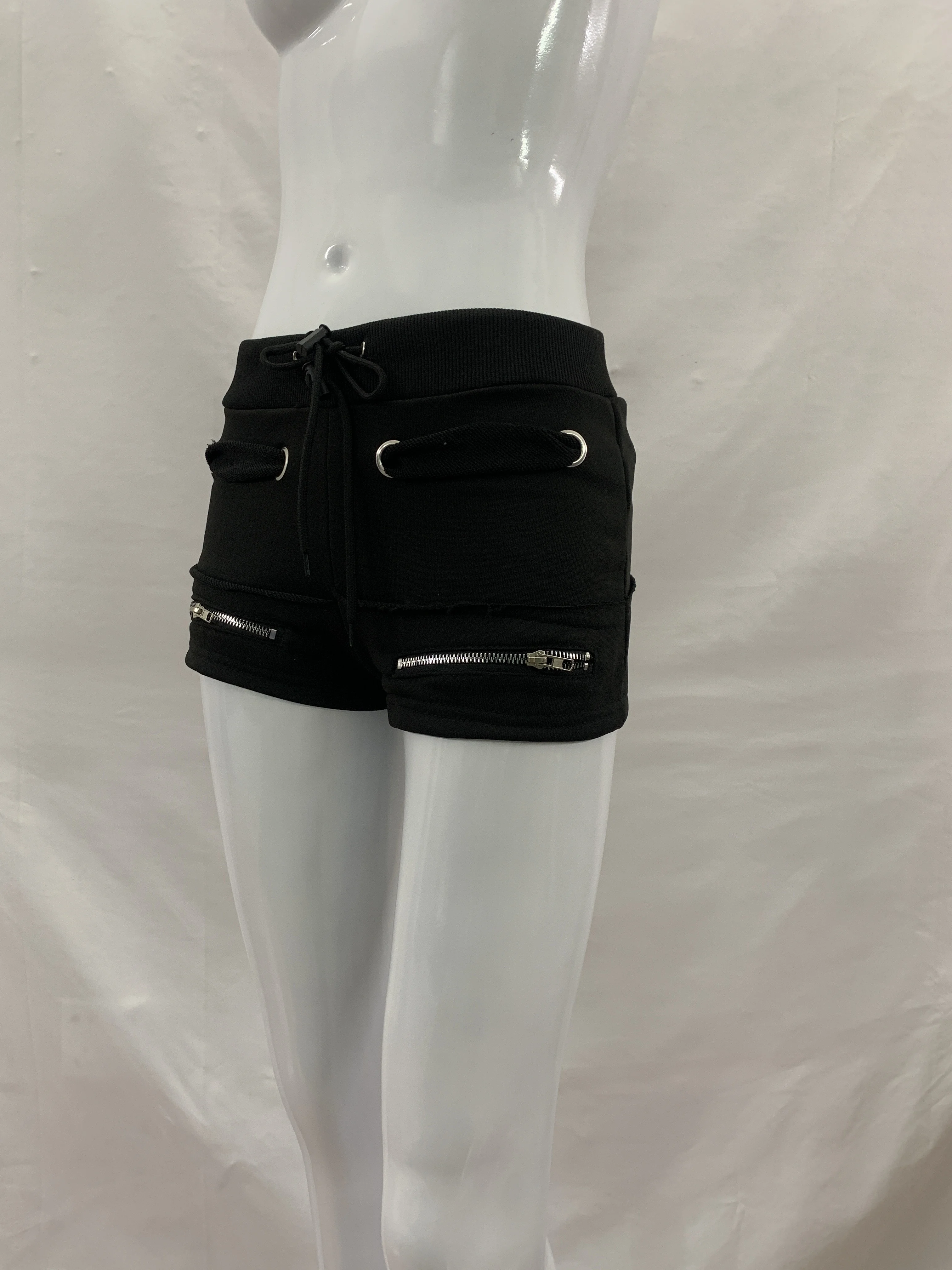 Metallösen-Hotpants mit Kordelzug und Fransen für Damen, Y2K-Stil, einfarbig, niedrige Taille, seitliche Reißverschlusstaschen, eng anliegende Street-Shorts – Detail 10