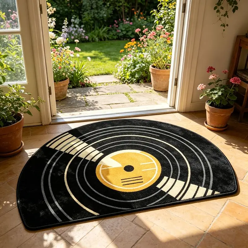VIKAMA Retro Vinyl Record Rug Music Half Round Doormat Black Yellow Semicircle Small Area Rug Floor Mat Bedroom Home Decor