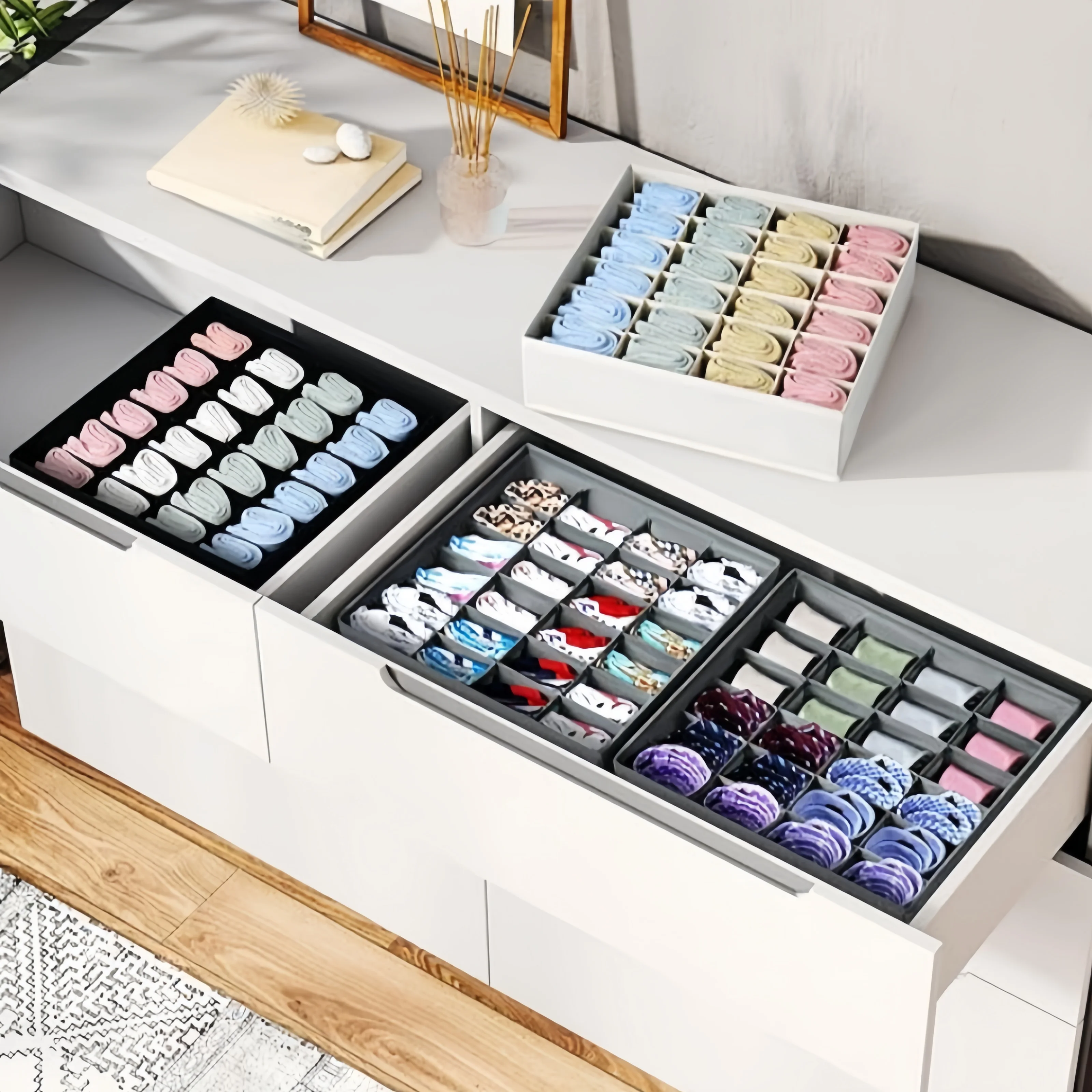 Organizador de cajones para calcetines, organizador de ropa interior divisor, organizador de armario plegable de 24 celdas, cajas de almacenamiento de ropa interior