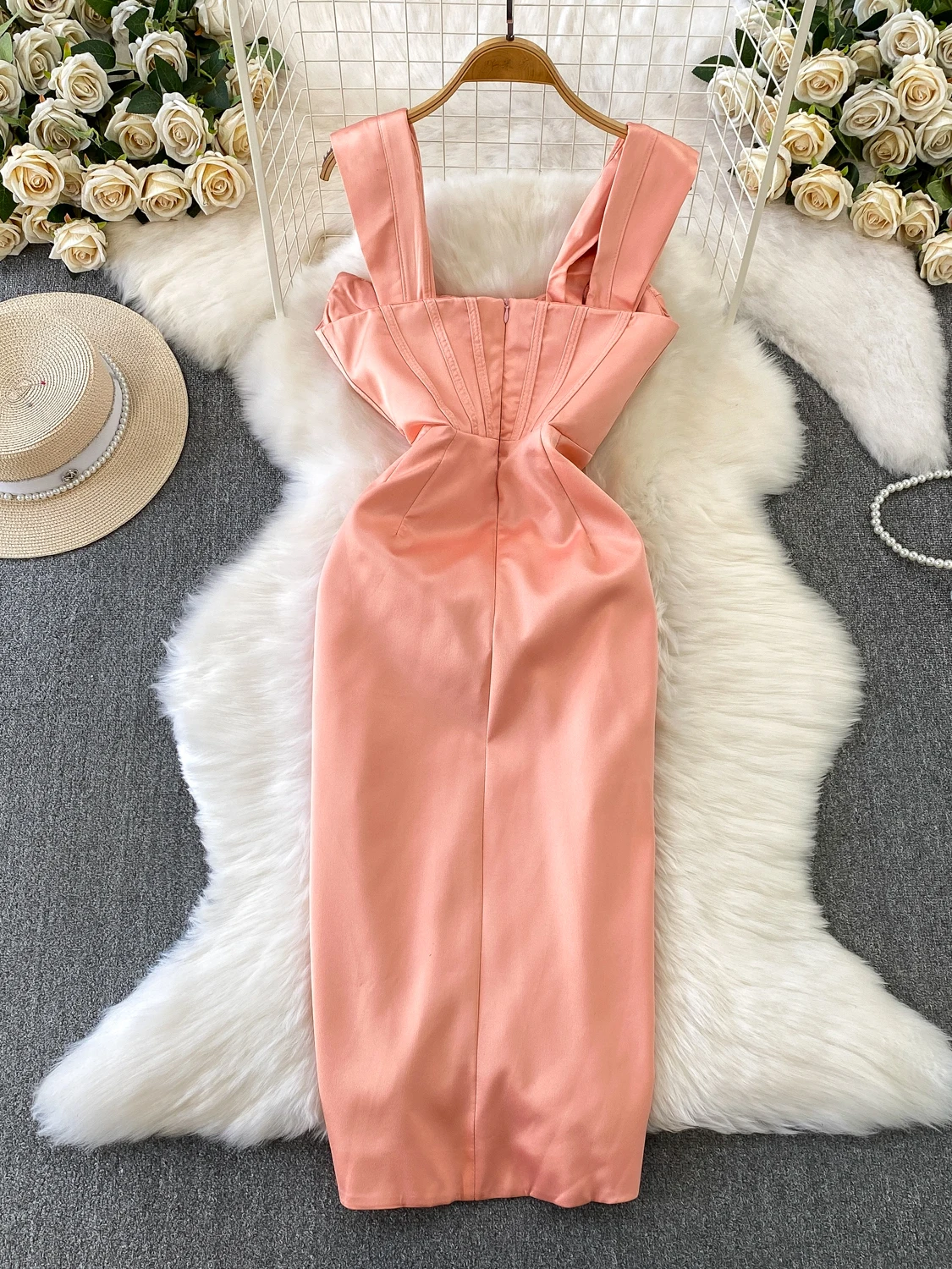 Ele Fibone Taille Cinching Slit Dr Damen Faionable Strapl Kleid Hohe Taille Design für Herbst Winter Abnehmen