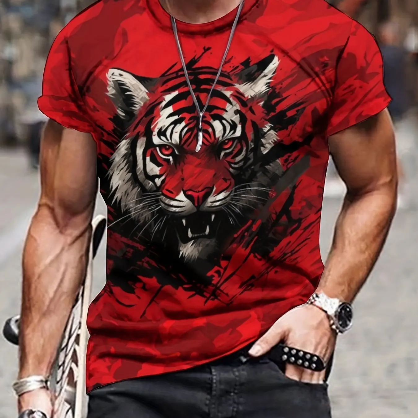 

Summer Men's 3D Lion & Tiger Pattern T-Shirt Casual Micro Elastic Breathable Top for Outdoor Jogging Wear moto t-shirt