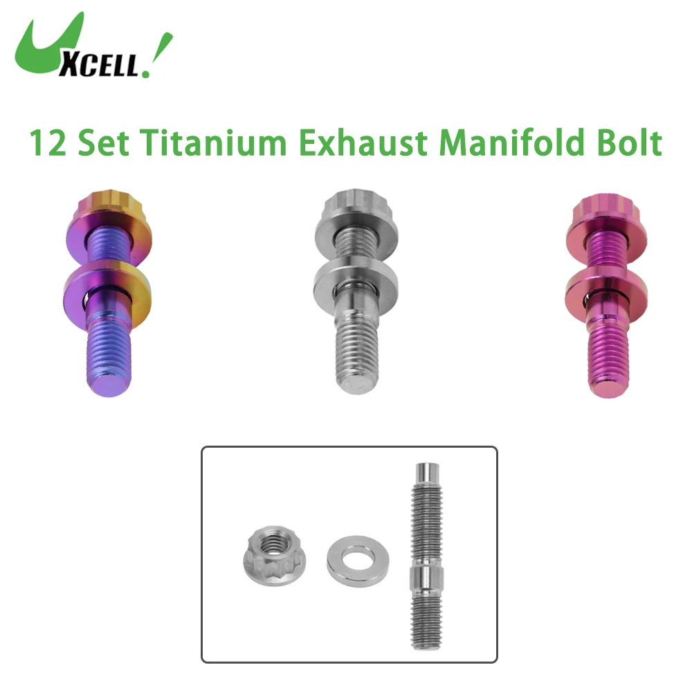 UXCELL 12 Set Titanium Exhaust Manifold Bolt M8x45mm M10x45mm Pitch 1.25 Exhaust Manifold Stud Kit Screws Nuts Washers Fastener