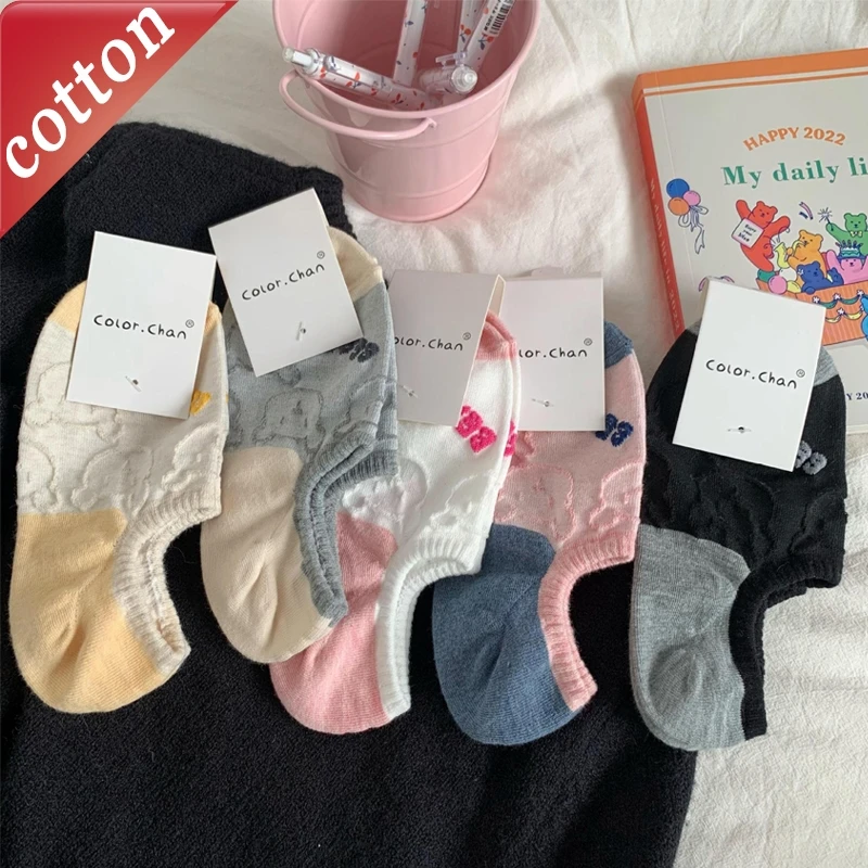 

5 Pairs Ladies' Socks Pack Korean Cartoon Teddy Bear Kawaii Comfortable Anti Slip Cotton Socks For Girl Sweet Cute Ankle Socks