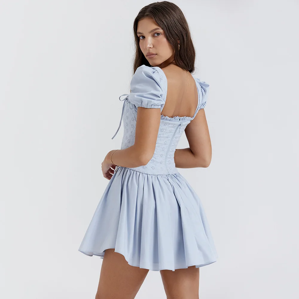 Mingmingxi Summer Detachable Puff Sleeve Corset Dress Mini Elegant Blue Square Neck Dress Casual Women Holiday Party Dress 2023