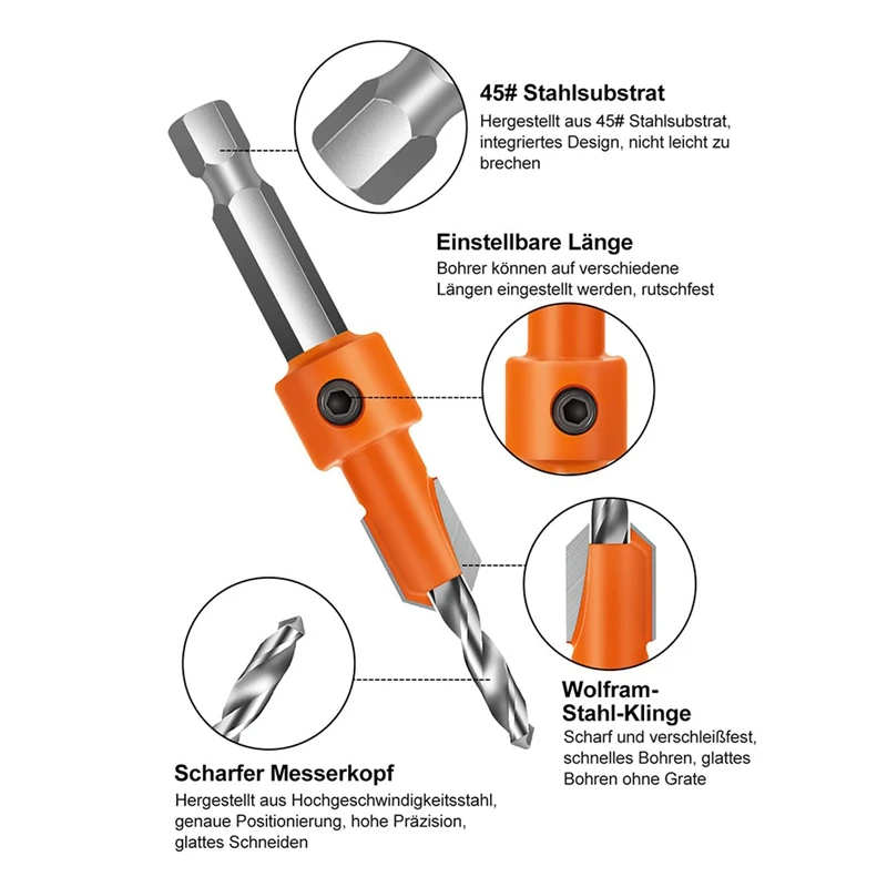 Countersink Drill Bit Set,5Pcs Counter Sink Drill Bit For Wood,1/4Inch Hex Shank Tapered Drill Bits For Woodworking