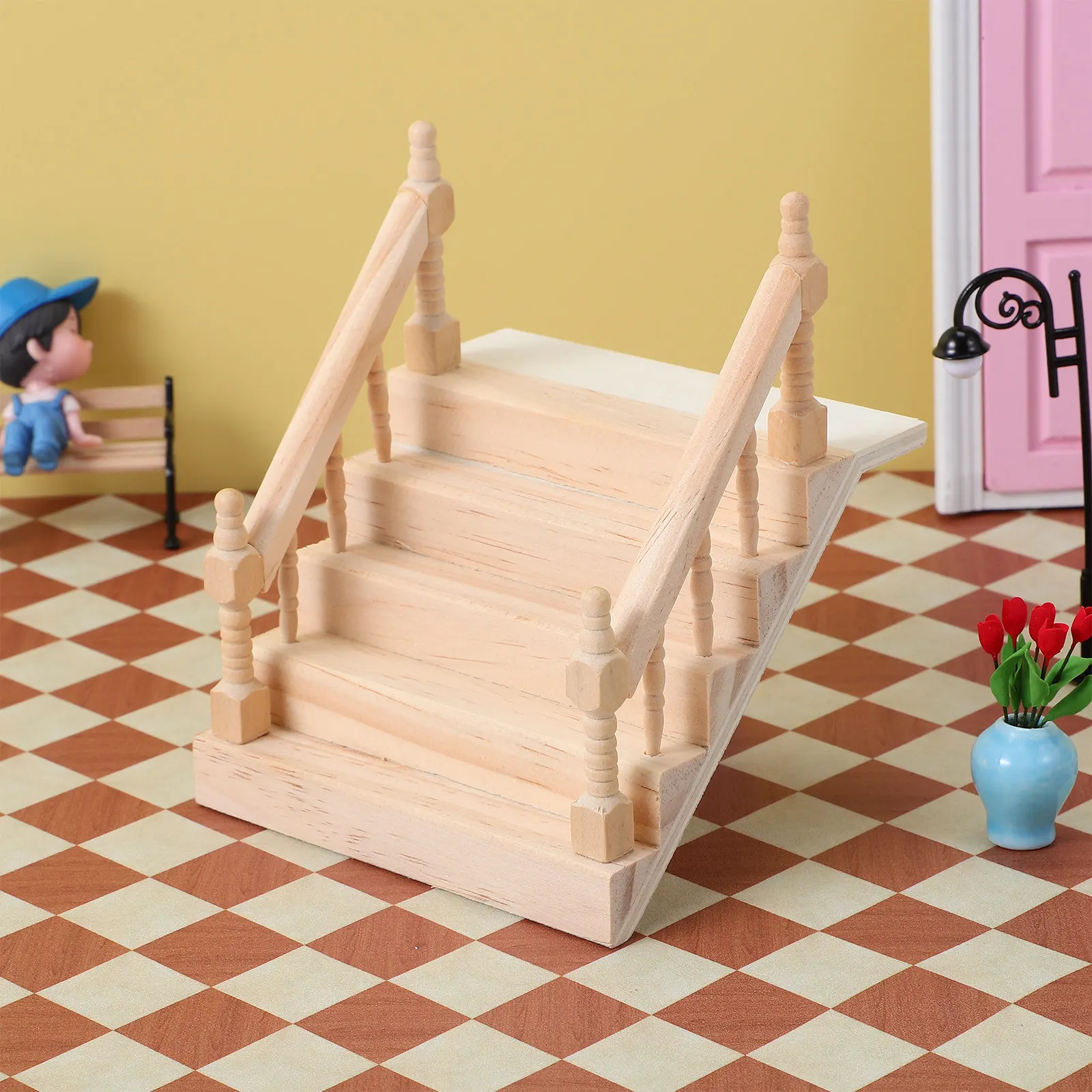 

Miniature Wooden Staircase Handrail Solid Wood Stair Decor Mini House Accessory Mini Furniture Ornament Dollhouse Staircase