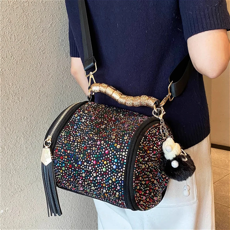 High-end Diamond Hand Bags for Women Handbags Rivet Light Luxury Trendy Small One-shoulder Crossbody Cylinder Ita Bag
