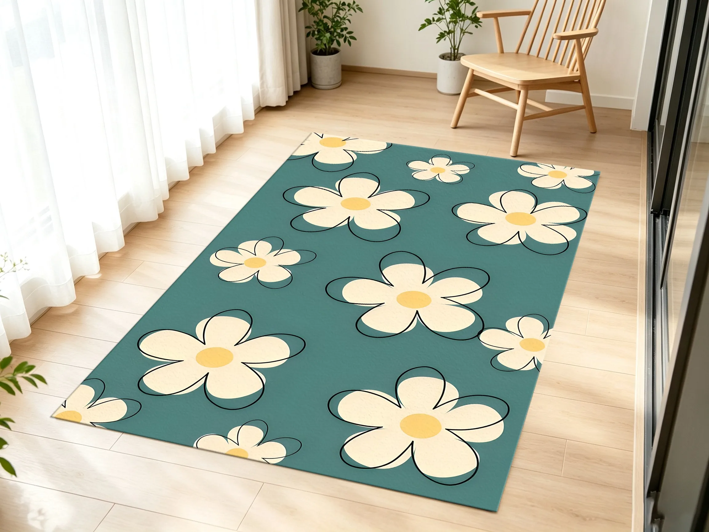 Simple Line Drawing Style with Light Blue, Milky White, and Yellow-Centered Small Flowers, Perfect for a Fresh Spring Look Suitable for Bedrooms, Living Rooms, and Entryways, It Creates a Gentle, Soothing, and Relaxing Atmosphere.