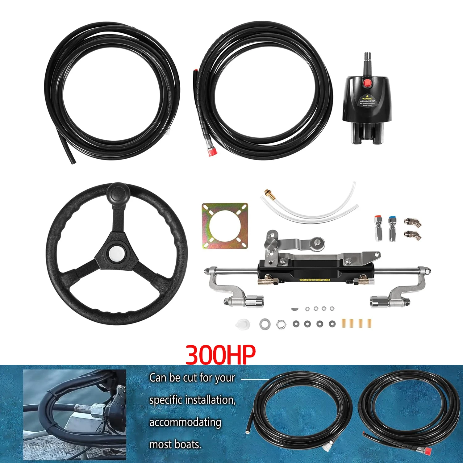 

Marine Hydraulic Boat Steering System 300HP with 26.8ft High-Pressure Hoses,13" Steering Wheel – for Yamaha/Mercury/Honda/Suzuk
