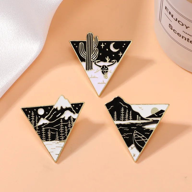 Creative Dark Mountain Tree River Design Brooch Natural Landscape Series Triangle Enamel Alloy Badge Pin For DIY Clothes Bag Hat