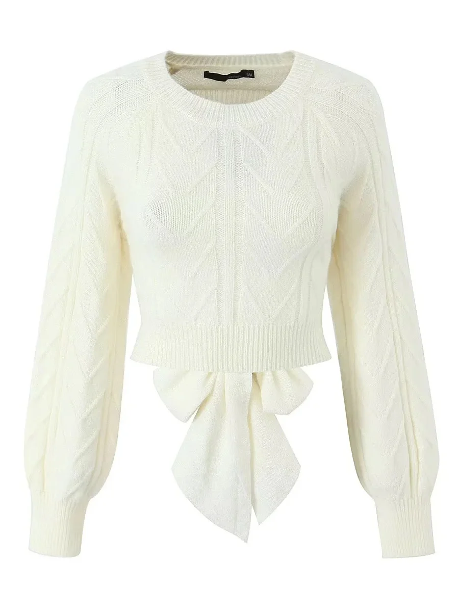 Amerykański sweter z dzianiny z kokardą, okrągłym dekoltem i efektem skręcenia, damski, wysoki stan, wyszczuplający, uniwersalny top.