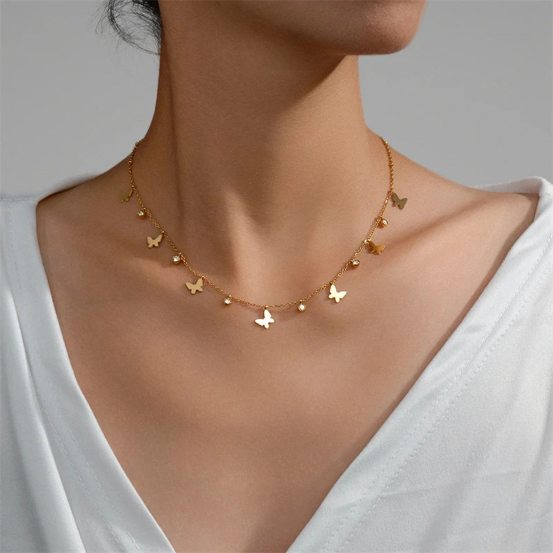 Kuziduocai 100% Stainless Steel 2025 New Fashion Jewelry Zircon Heart Shape Butterfly Charm Chain Choker Necklaces For Women
