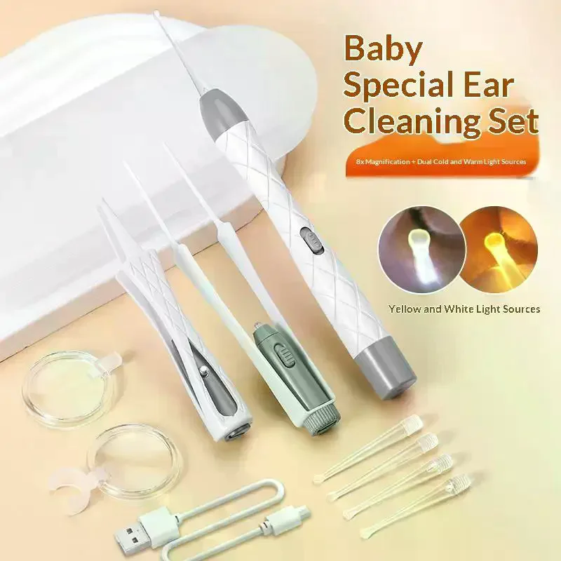 Ear Wax Removal Tool Kit USB Rechargeable Stainless Steel Soft Silicone Tips Portable Storage Box For Home Daily Cleaning LED