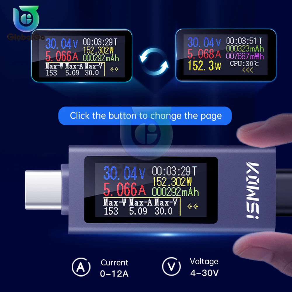 

KWS-2302C Type-c Multi-function Digital Display DC Voltage Ammeter Power Meter Cell Phone Charging Tester DC 4-30V 0-12A