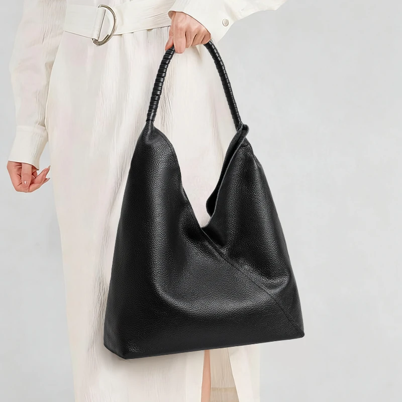 Aidrani Cowhide Leather Women Hobo Bag, Braided Handle Large Capacity Tote with Pouch, Multi-Pocket Purse for Daily Travel Use