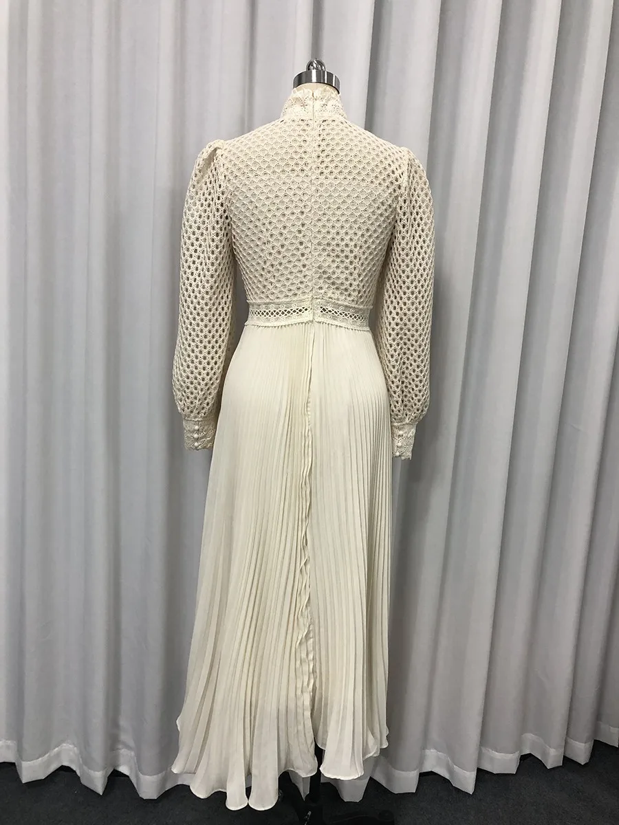 TWOTWINSTYLE Solid Hollow Out Spliced Embroidery Elegant Dresses for Women High Neck Long Sleeves Tunic Casual Dress Female New