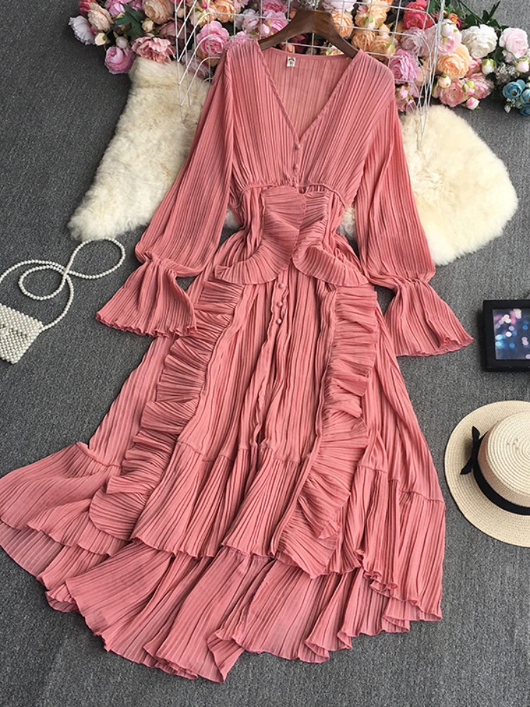 Purple/Brown/Red Chiffon Pleated Long Dress Women Vintage V-Neck Flare Sleeve Draped Ruffle Vestido Female Maxi Robe Spring Fall