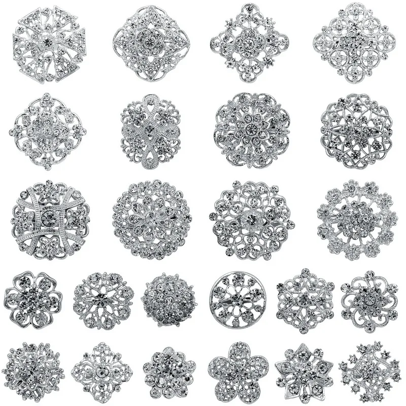 WEIMANJINGDIAN Brand 24 Pcs Rhinestones Flower Decor Brooches Set DIY Wedding Bouquets Accessories Craft Jewelry Making Kits