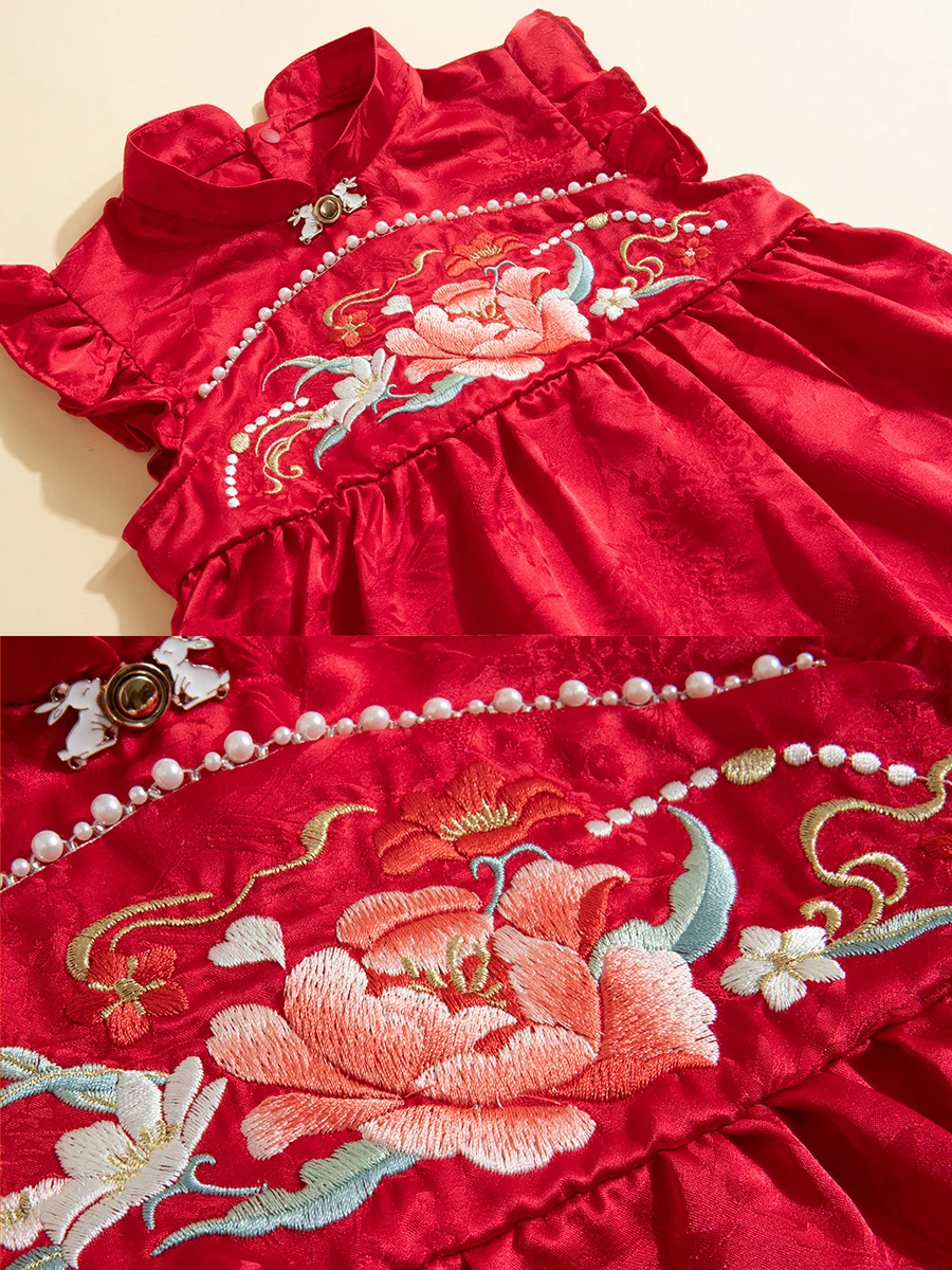 ชุดกระโปรงเด็กผู้หญิงอายุ1ขวบเสื้อผ้า Zhuazhou จากผ้าไหมสไตล์จีนใหม่100วันสำหรับฤดูร้อน